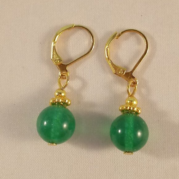 Natural 10mm Green Jade Gemstone Bead Dangle Earrings AAA Yellow Gold Party Gift - Picture 2 of 4